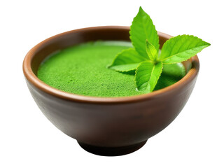 Fresh mint leaf in a brown bowl, filled with green liquid