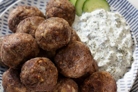 Greek Mediterranean Meatballs with Tzatziki Sauce and Cucumber Slices