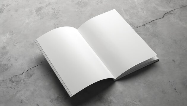 Open blank booklet mockup on textured grey concrete surface. Clean white pages ready for your graphic design or text content. Minimalist interior spread with copy space.