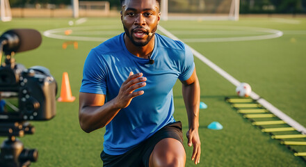 fitness trainer filming World Cup of Soccer conditioning workout online coaching