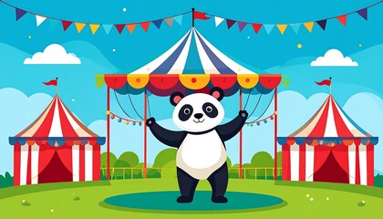 Panda welcomes guests inside a circus tent with colorful decorations and a grassy field
