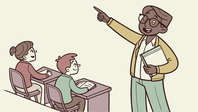 A cartoon teacher wearing glasses points to an imaginary image, representing an educational concept.