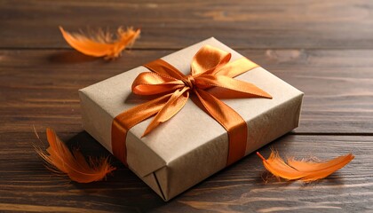 A gift box wrapped in brown paper with an orange ribbon and scattered feathers