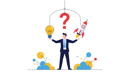 Businessman standing between a glowing light bulb and a rocket ship representing the choice between new ideas and startup growth.