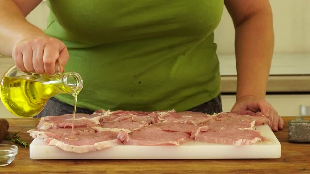 Meat marinade and seasoning process at the kitchen
