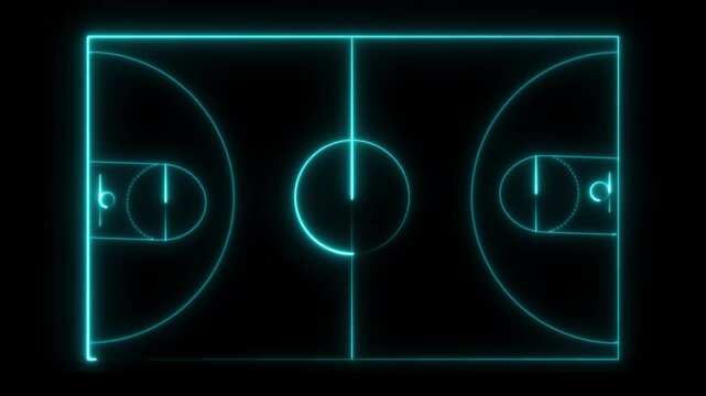 Cyan Neon Outline of a Basketball Court on Black Background sport game