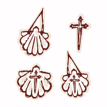 Saint James way pilgrims shell with santiago cross. Hand drawn isolated vectori design for pilgrimage travel clipart. European patron saint of spain symbol for camino de compostela set