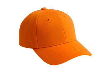 Bright orange baseball cap with a blank front panel and stiff visor suitable for sports fashion branding or logo design mockups isolated on transparent background