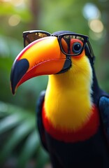 Fototapeta premium A toucan with black sunglasses rests in rich green tropical foliage. This bird displays its iconic large, colorful beak and vibrant yellow chest. The wild creature looks cool and stylish.