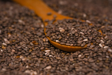 Chia seeds in a wooden bowl with a wooden spoon