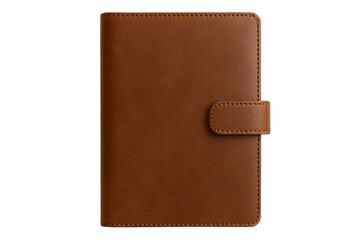 Classic brown leather notebook with a secure strap closure and stitched edges perfect for business planning writing or personal diary entries isolated on transparent background