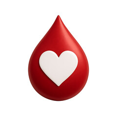 Red blood drop with white heart illustration isolated on transparent background symbol of donation care health life and support medical concept digital design render