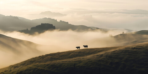 Cows on Misty Morning Hills
