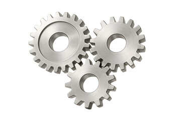 Three shiny silver metal gears interlocking together representing teamwork mechanism engineering industrial progress and technical cooperation in a machine isolated on transparent background
