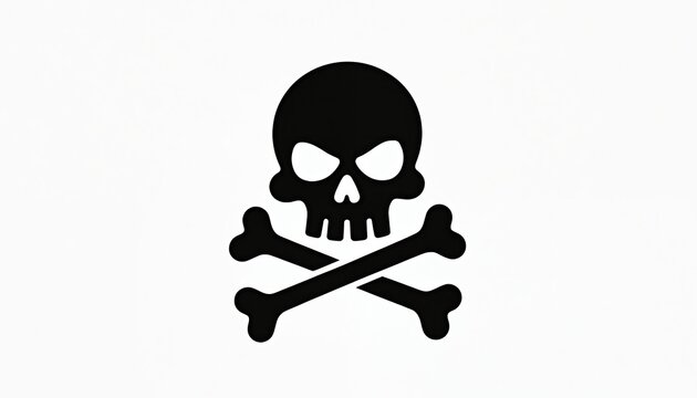 Minimalist black skull and crossbones symbol on white background. Used for warnings safety labels or danger signs. Graphic visual icon representing hazard.
