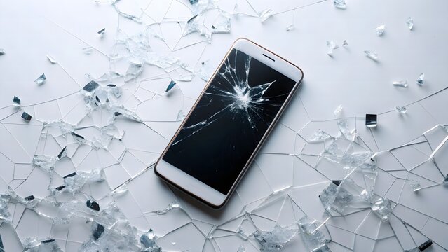 Cracked smartphone screen on white shattered glass background