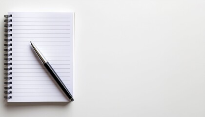 メモ帳とペンのイメージ画像　背景無地の明るい写真素材