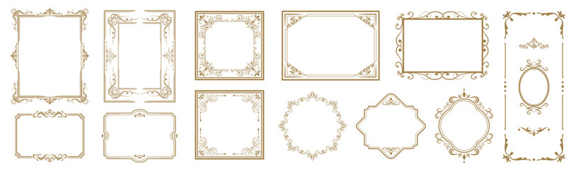 Fototapeta premium Set of decorative vintage borders and frames with floral ornaments. Elegant gold ornamental vector design