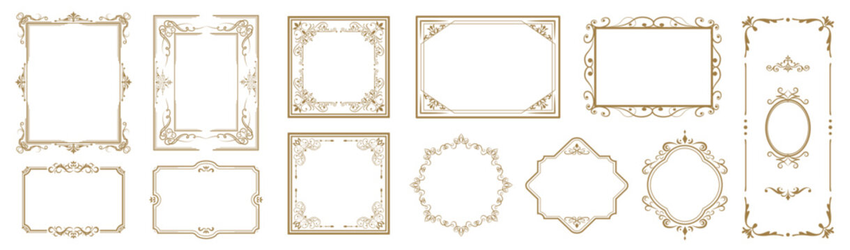 Set of decorative vintage borders and frames with floral ornaments. Elegant gold ornamental vector design