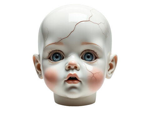 A close-up shot of a doll's head on a white surface