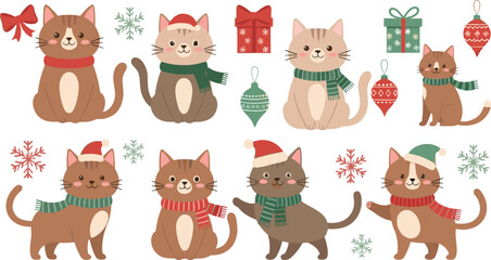 Fototapeta premium Cute Christmas Cat Cartoon Illustration Set Featuring Festive Kittens with Scarves, Hats, Ornaments, and Winter Holiday Decorations for Seasonal Vector Design
