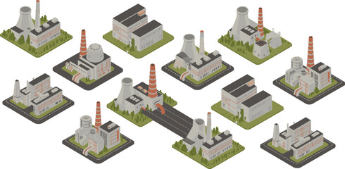 Obraz premium Isometric industrial power plant vector set featuring factories, cooling towers, chimneys, energy stations, manufacturing facilities, and infrastructure for smart industry maps, simulation games