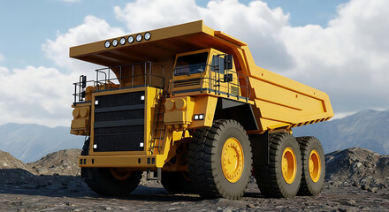 Obraz premium Massive yellow mining dump truck with large wheels parked on rocky terrain under a cloudy sky