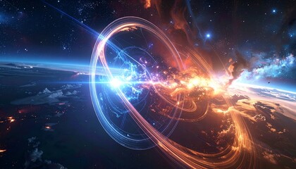 Obraz premium Cosmic explosion and swirling energy rings surround a distant planet