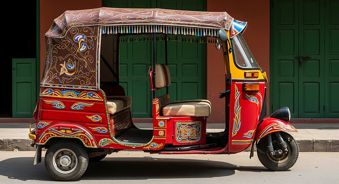 Ornate Red and Yellow Auto Rickshaw with Decorative Brown Canopy Parked Outdoors three