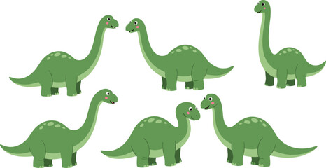 Cute Long Neck Dinosaur Cartoon Illustration Set Featuring Friendly Green Sauropod Characters in Different Poses for Kids Education and Vector Design © MstSuborna