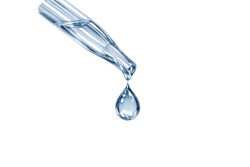 Dropper dispensing a single drop of blue transparent liquid, symbolizing science, beauty, and health research