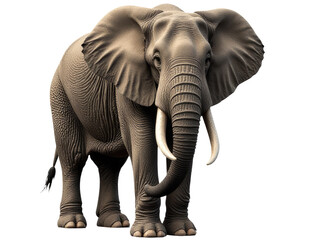 An elephant with long tusks standing in front of a plain white background