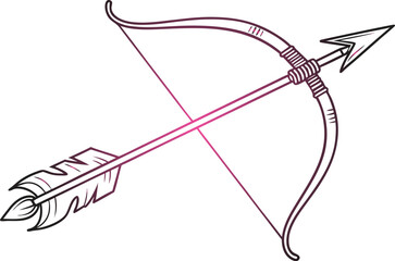 Purple bow and arrow with feathered arrowhead and coiled string