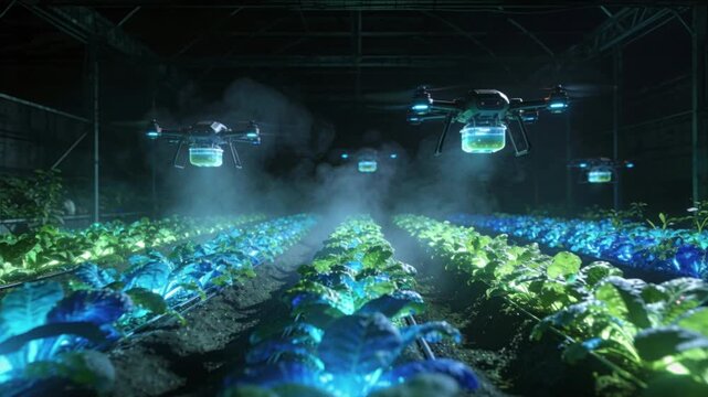 Dark futuristic farm illuminated by bioluminescent crops, glowing blue‑green plant rows and floating nutrient drones drifting through soft mist, all shaped by high‑contrast lighting.