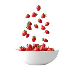 Many fresh red strawberries falling into a white bowl isolated on transparent background