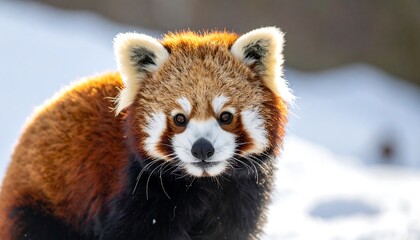 A close-up portrait of a fluffy, reddish-brown and black animal in a snowy environment