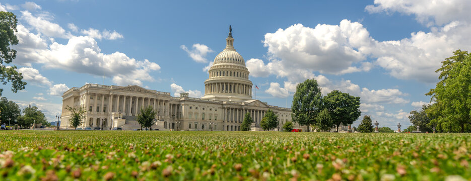 Washington DC. Capitol dome. Congress and Senate Capitol building in Washington D.C.. USA flag over Capitol dome. American Capitol. Congress and Senate in Washington D.C.
