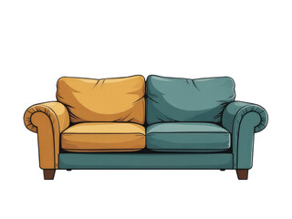 Fototapeta premium A modern sofa with bright cushions against a clean white backdrop, ideal for interior design or lifestyle photography