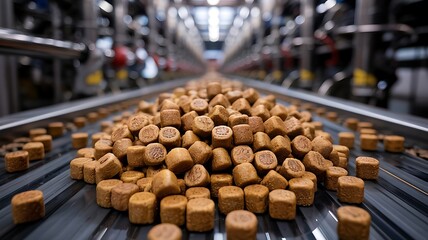 Obraz premium Freshly baked mini muffins in golden brown on industrial conveyor belt for food production and bakery industry