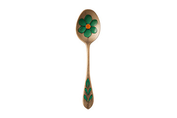 Vintage decorative spoon with green floral design on metal handle artistic utensil isolated on transparent background
