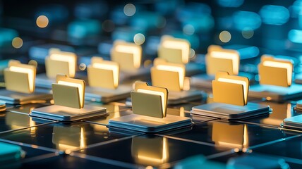 Obraz premium Glowing golden computer chips on reflective circuit board with futuristic tech background and bokeh lights