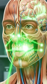 Detailed Human Anatomy Face and Brain with Green Laser Lights