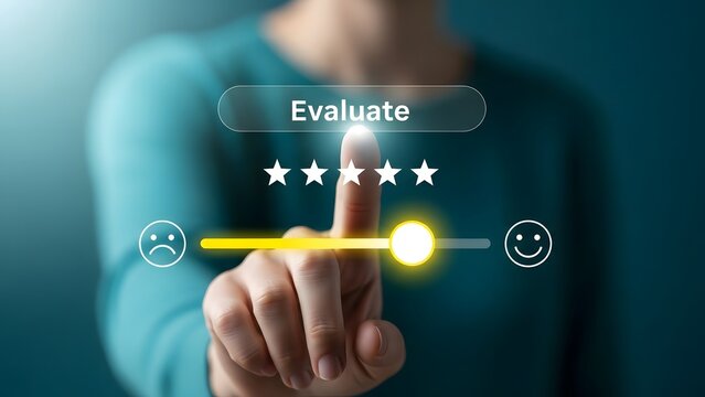 A person evaluating a rating system with a glowing finger