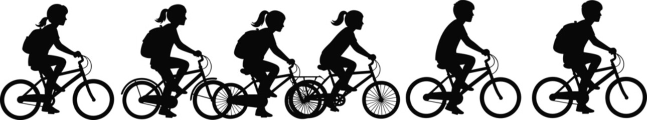 Obraz premium Silhouette Illustration of Six Children Riding Bicycles with Backpacks, Representing School Commute, Growth, and Outdoor Activity