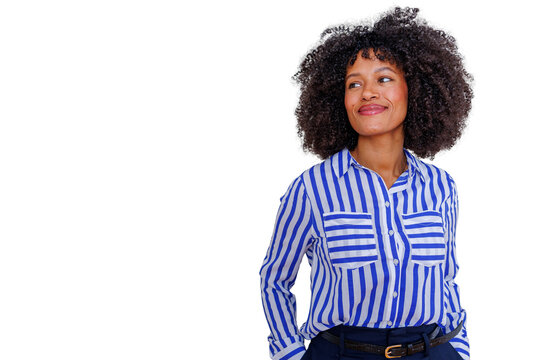 Confident african american woman with afro hairstyle smiling, looking away, with professional casual style on transparent background