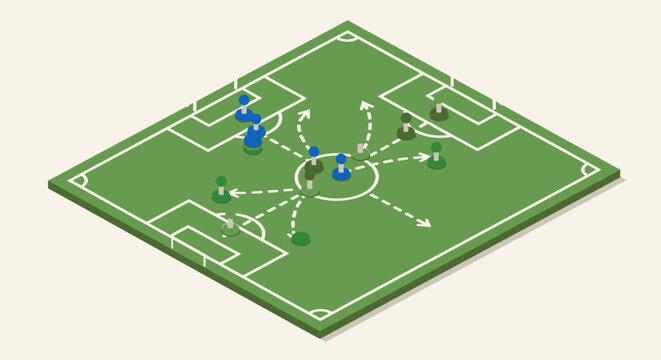 Isometric Football Soccer Tactics Diagram Showing Player Movement and Passing Strategy on Green Field.