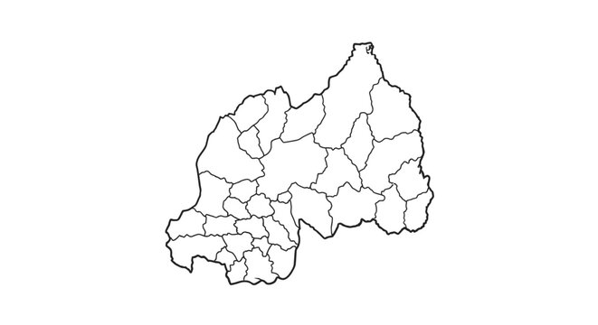 Rwanda Map Outline with Administrative Divisions, isolated white background.