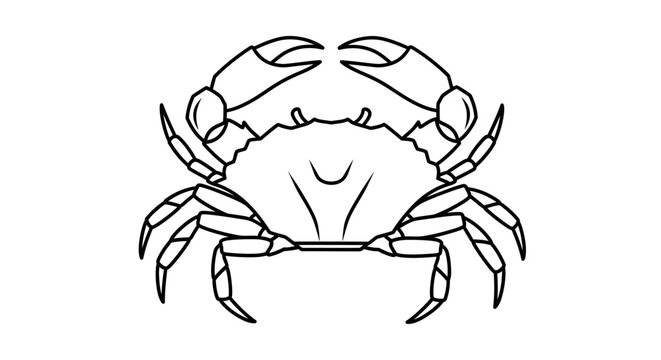 A detailed black and white illustration of a crab from a front viewpoint, showcasing its claws and shell in a clean graphic style