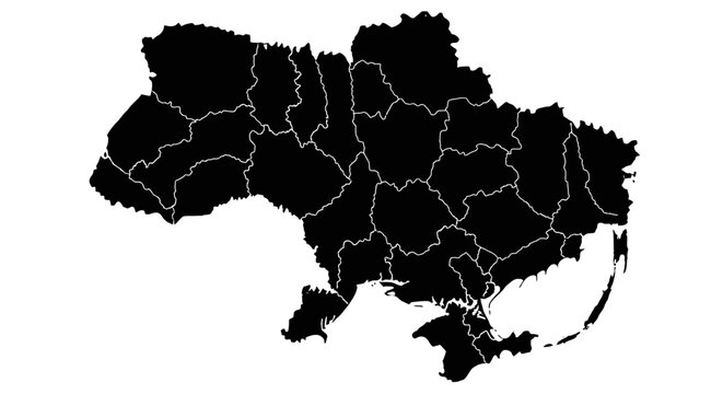 Ukraine Map Silhouette with Administrative Divisions, isolated white background.