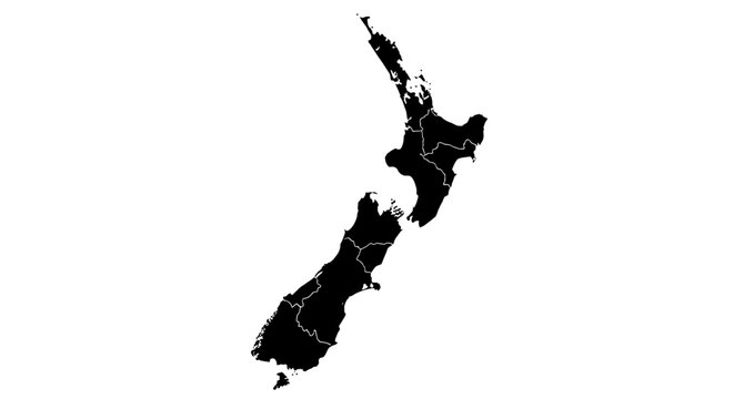 New Zealand Map Silhouette with Main Islands, isolated white background.
